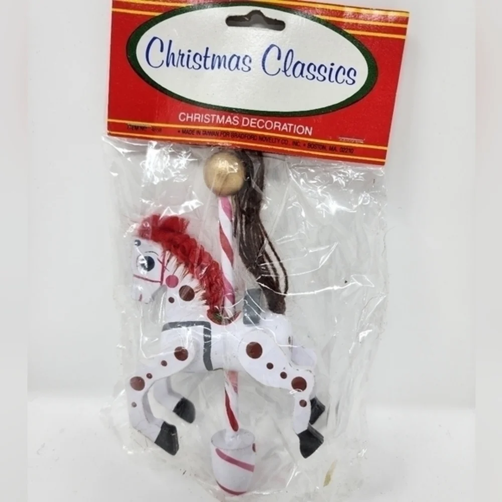 NWT Vintage Bradford Novelty Company White Wood Carousel Horse Ornament‎